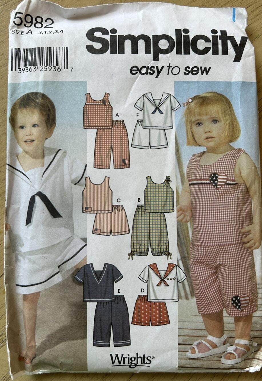 Simplicity Sewing Pattern 5982 Toddler Sailor outfit Shorts Top Unisex 1/2-4 UC